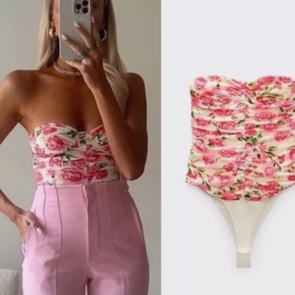 ZARA Bustier Rose Floral Strapless Bodysuit In Pink/green. Size XS - Picture 1 of 15